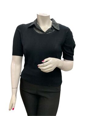 Lily Black Short Sleeve Sweater with Polka Dot Collar Size XL